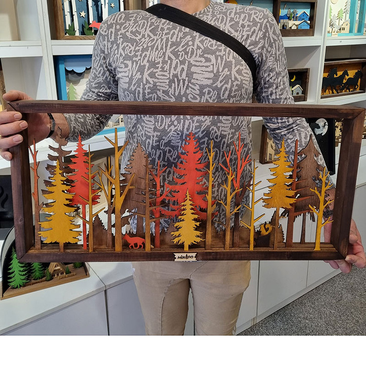 تابلو دکوری چوبی جنگل روباه قرمز