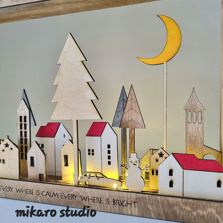 تابلو دکوری چوبی شهر در کریسمس چراغدار