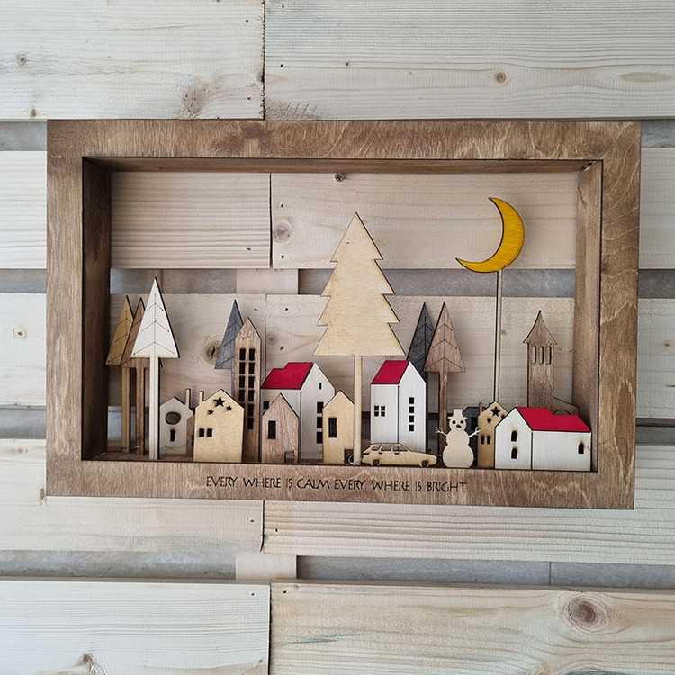 تابلو دکوری چوبی شهر در کریسمس چراغدار