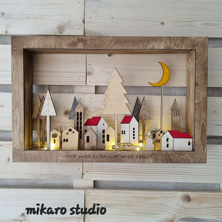 تابلو دکوری چوبی شهر در کریسمس چراغدار